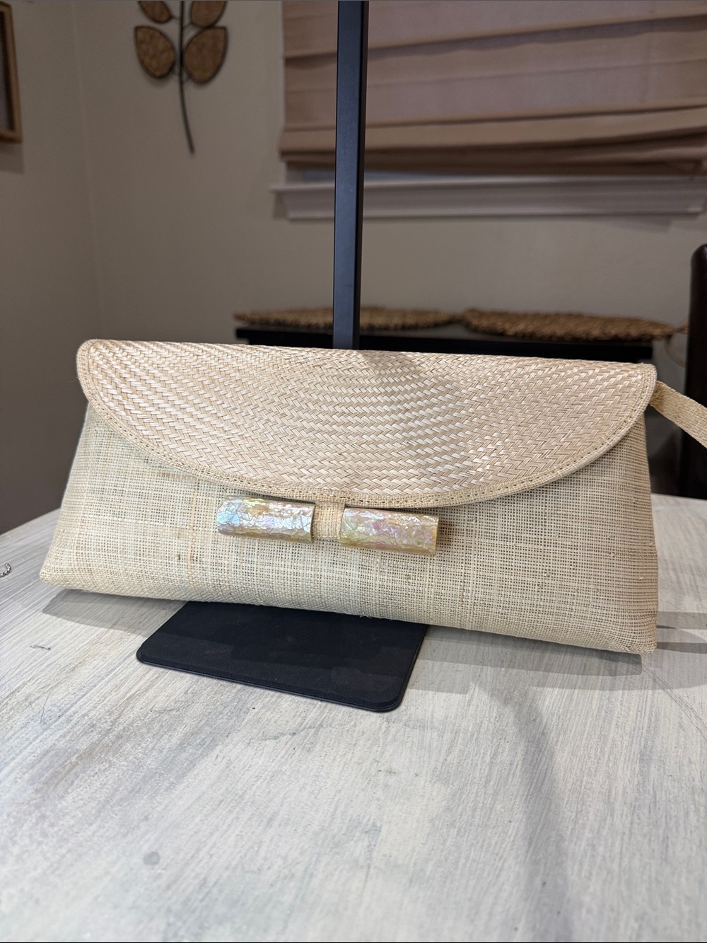 Vintage Kate Landry Beige Woven Clutch with Iridescent Bow Accent